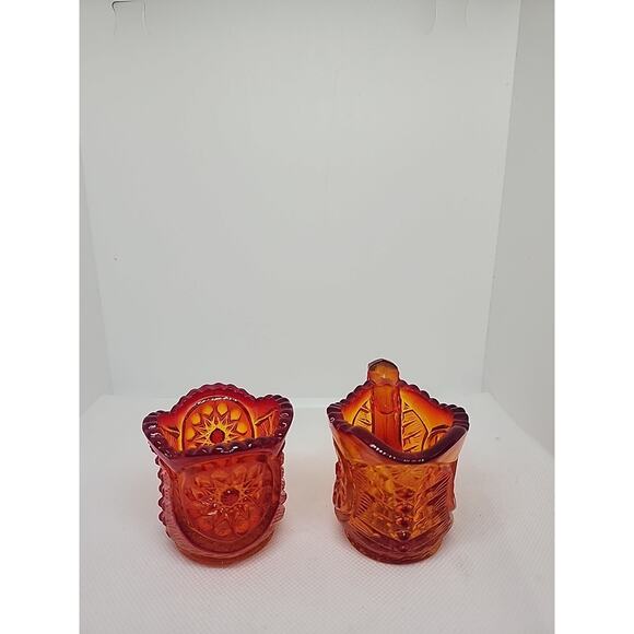 Vtg. L.E.Smith MINIATURE AMBER Star Pattern Mini 2" SUGAR BOWL & CREAMER Set - Picture 2 of 6